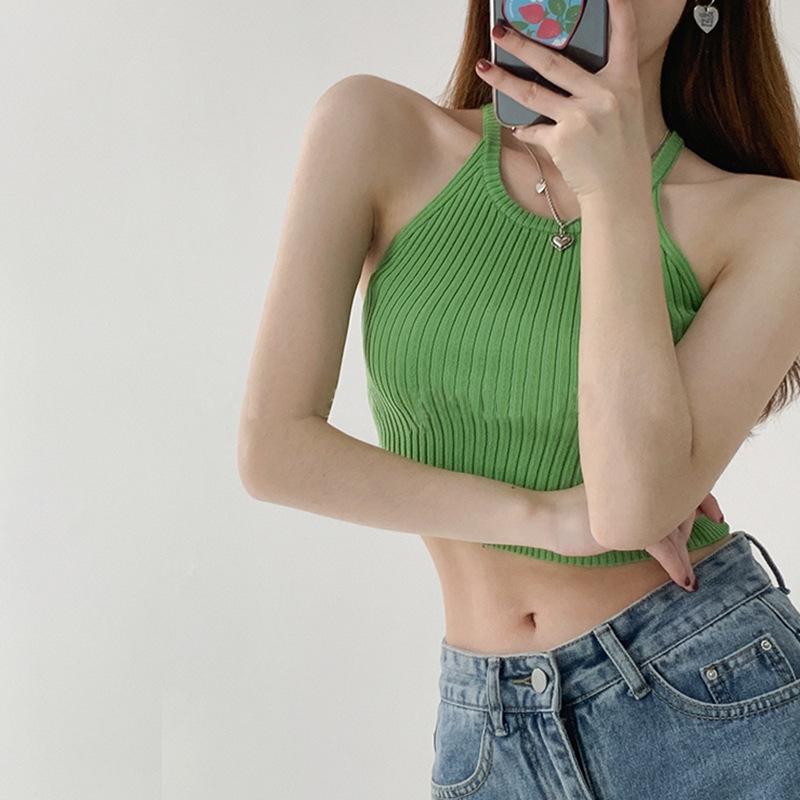 New Vintage Vest Halter Women's Solid Color Halter Sleeveless Knit Short Crop Narrow Shoulder Bottom Top