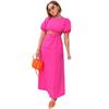 Womens Solid Color Lantern Sleeve Crop Top A-Line Midi Dress High Waist Casual Chic Outfit