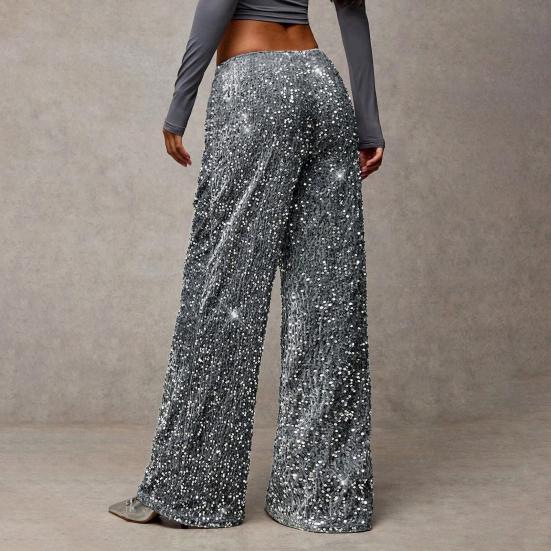 Женские брюки с высокой посадкой, широкими штанинами, повседневные брюки с пайетками, эластичным поясом на кулиске, праздничные брюки