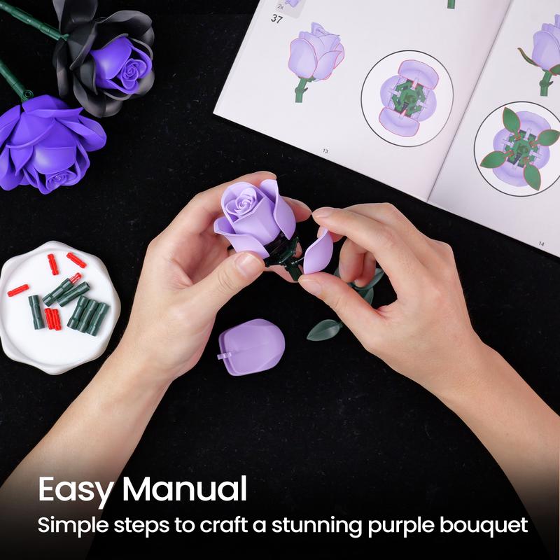 Набор для сборки букета фиолетовых роз, набор ботанических блоков для взрослых и женщин, элегантные готические искусственные цветы для домашнего декора, идеально подходит для
