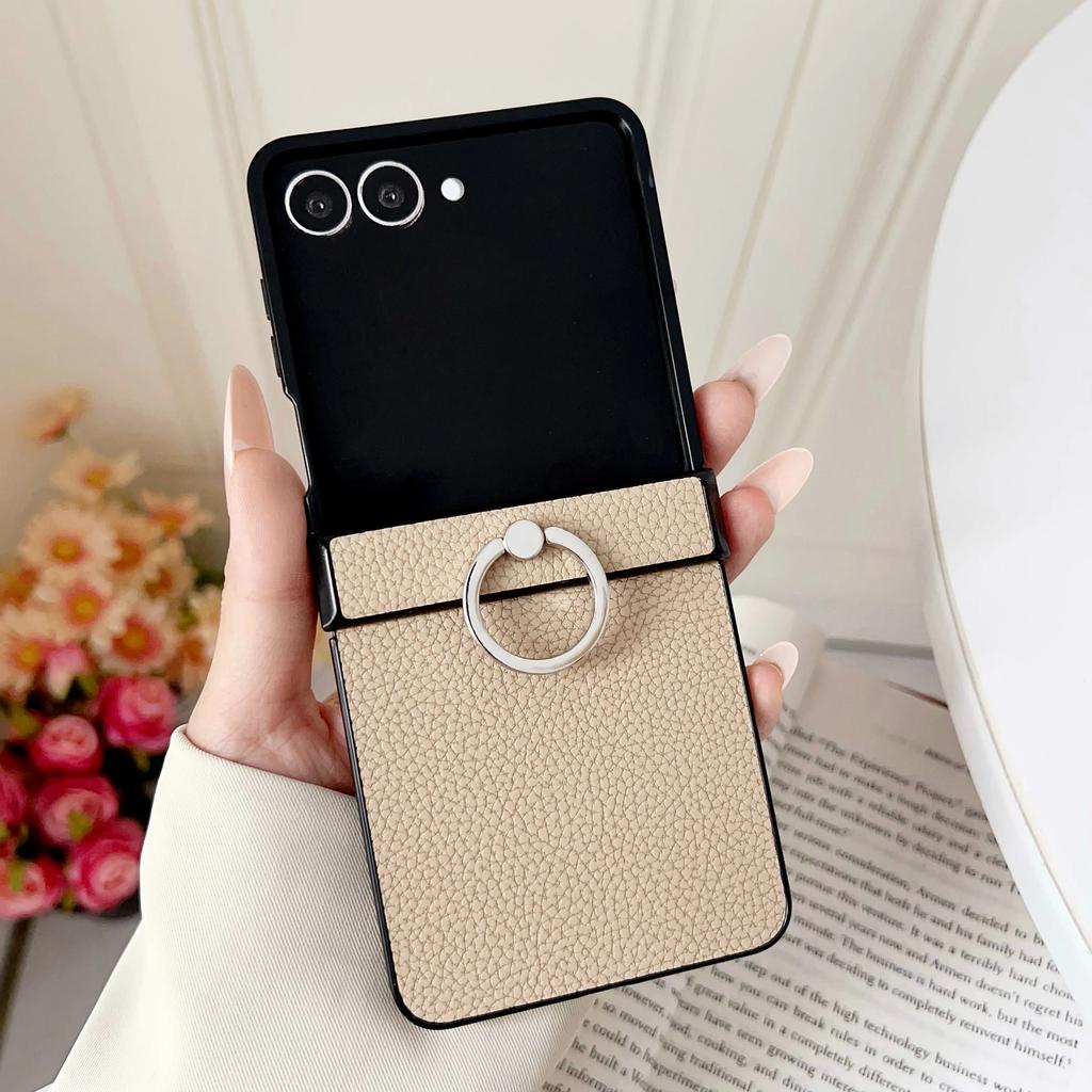 High-end Busine Sle Litchi Texture Leather Foldable Phone Case for Samsung Galaxy Z Flip 7 6 5 4 3 Ring Holder Protection Cover