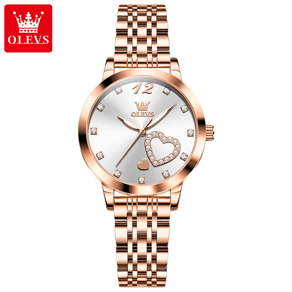OLEVS 5189 Simple Quartz Watch for Women Diamond Love Heart Design Fashion Elegant Rose Gold Steel Strap Waterproof Ladies Watch