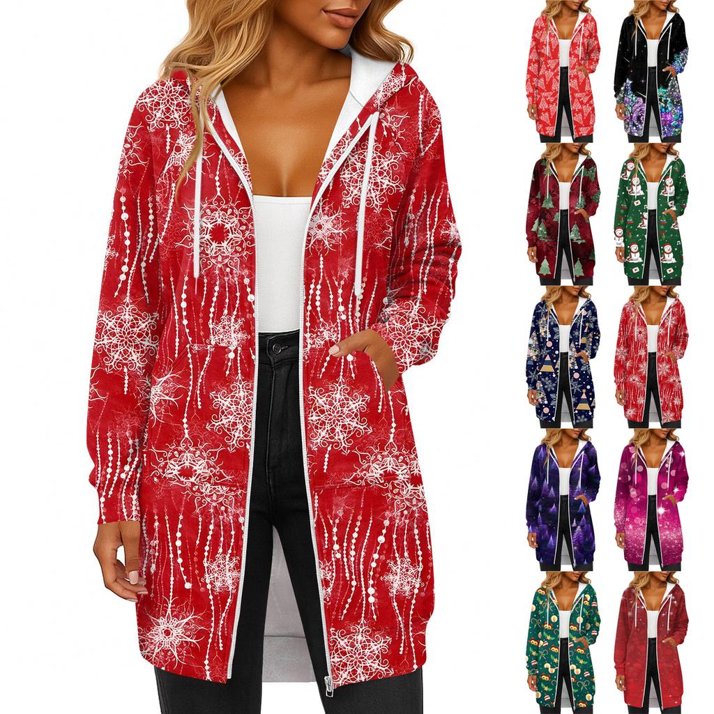 Women's Fashionable Christmas Printed Long Sleeved Drawstring Hooded Zipper Pocket Long Casual Sweatshirt Jacket