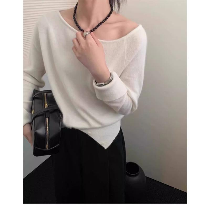 Элегантный Свободный Вязаный Пуловер с Покатым Плечом в Полоску Повседневный Нежный Осенний Женский Модный Топ с Длинным Рукавом Свободный Повседневный Офисный Тонкий