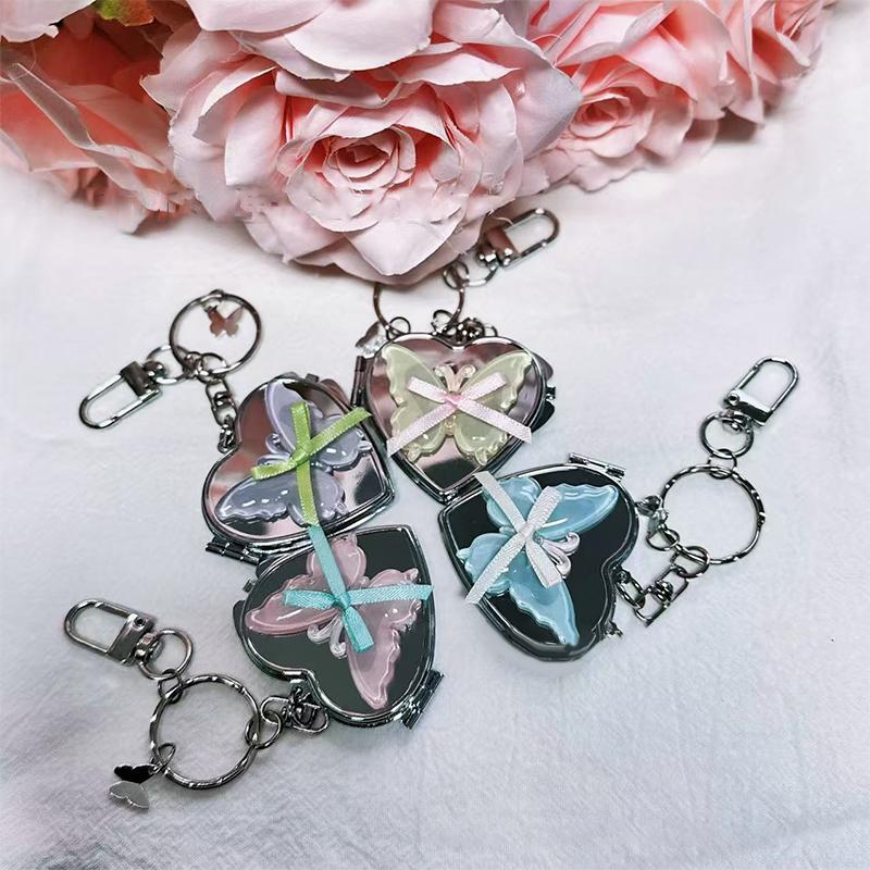 Милая бабочка в форме сердца складное зеркало брелок Y2K модный металлический брелок автомобильный держатель для ключей сумка подвеска украшение для девушки подарок