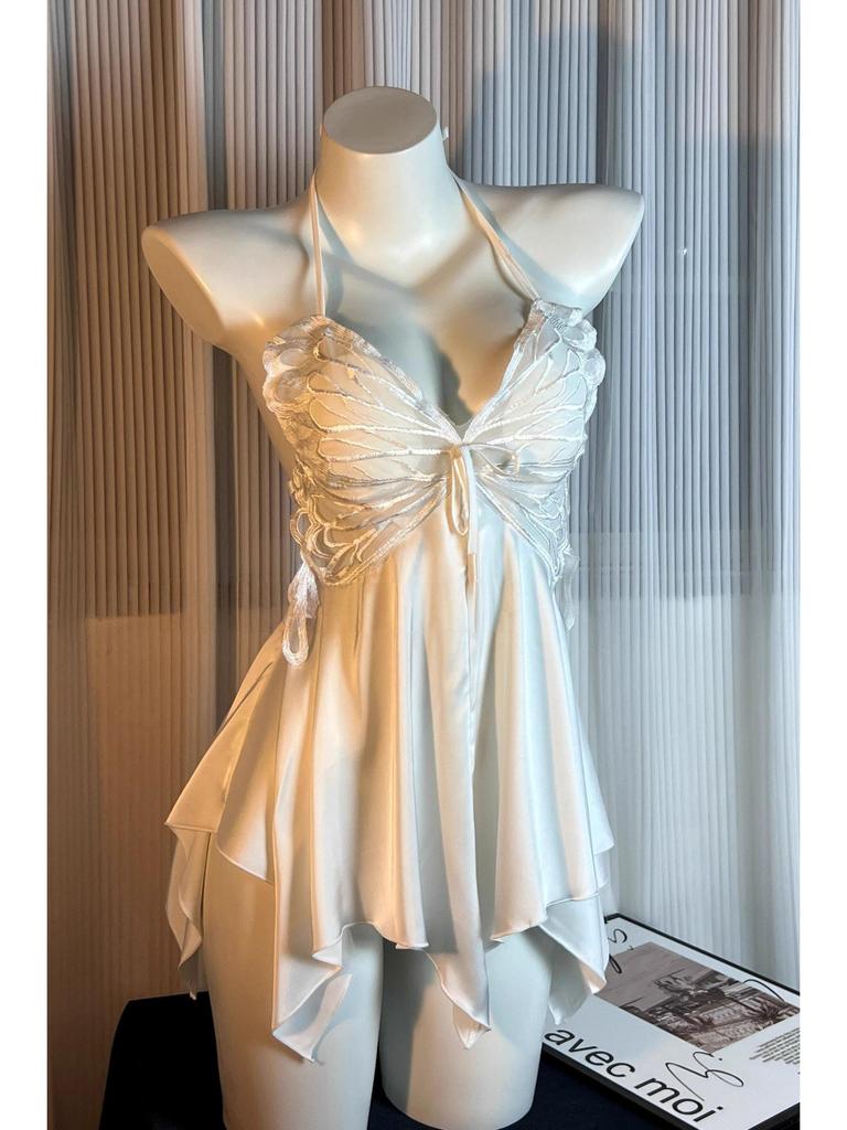 Пикантная ночная сорочка с нагрудными подушечками: Сексуальная, высококачественная домашняя одежда из ледяного шелка для женщин, осень-зима, больших размеров, в стиле чистой страсти с бантом.