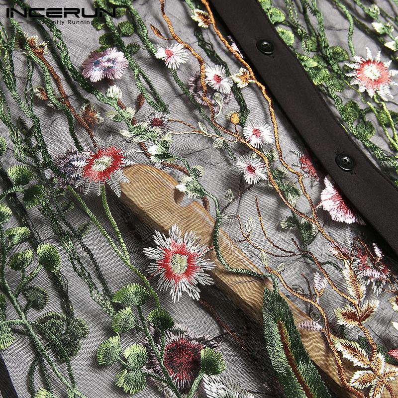 INCERUN Мужские прозрачные рубашки с короткими рукавами и вышивкой, тонкие летние топы для клубных вечеринок с перспективой