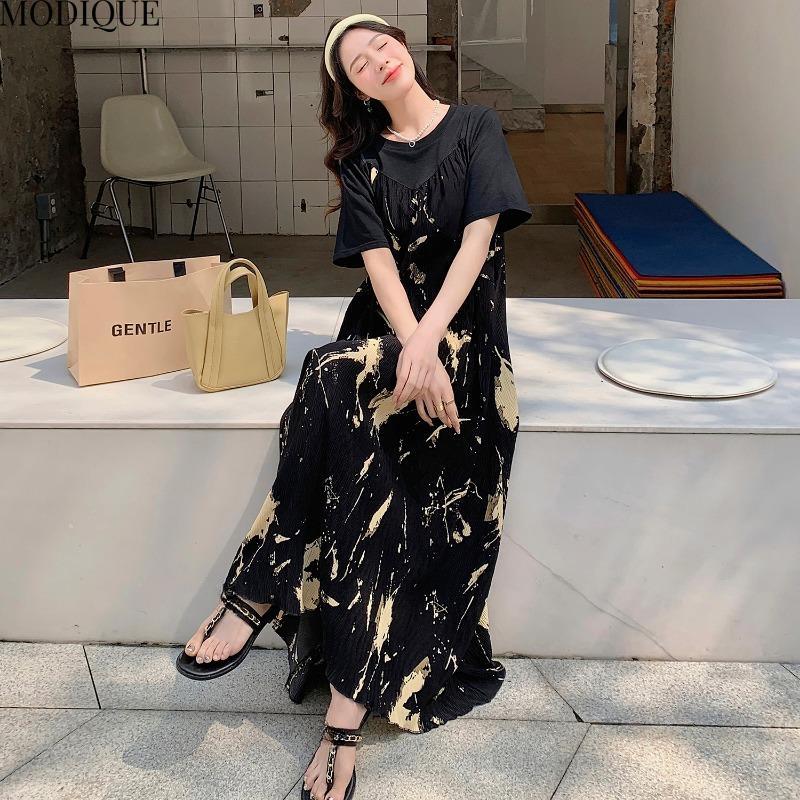 MODIQUE Summer Plus Size New Women Loose Elegant Pleated Floral Slip Mock Two-Piece Long Dress Female Short Sleeve O-Neck Dresses