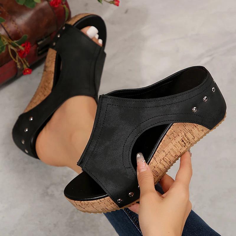 Fashion Vintage Wedge Heeled Sandals Women Peep Toe Pu Leather Thick Sole Slippers Woman Summer Comfort Platform Sandalias Mujer 2025