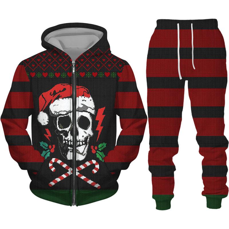 Модные рождественские мужские толстовки с принтом черепа на молнии/брюки/комплект, тонкая куртка с капюшоном с узором, костюм для пары, уличная одежда