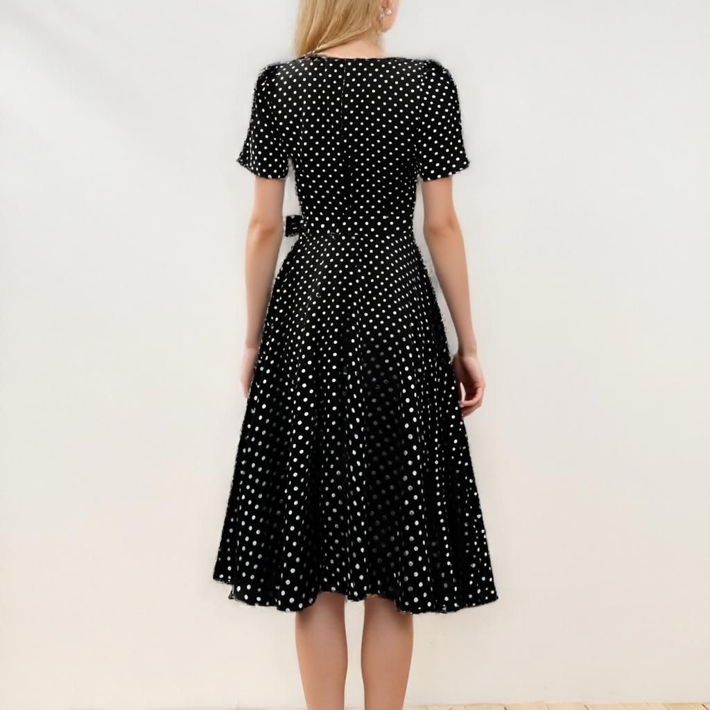 Женское модное повседневное платье с коротким рукавом, квадратным воротником, тонким винтажным принтом в горошек и поясом