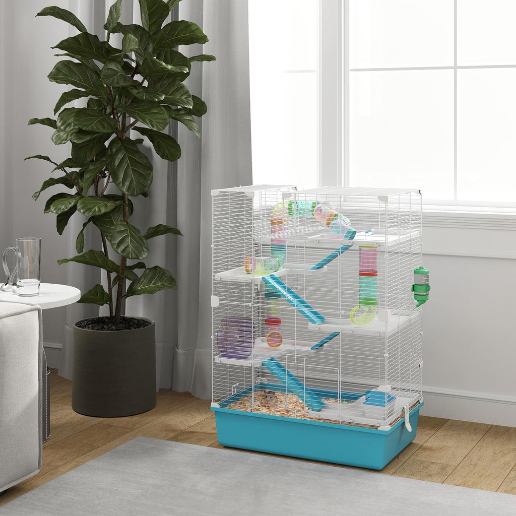 6 Tier Hamster Cage, Small Animal Cage with Tubes, Exercise Wheel, Ramps, Hut, Food Dish, Water Bottle, Light Blue
