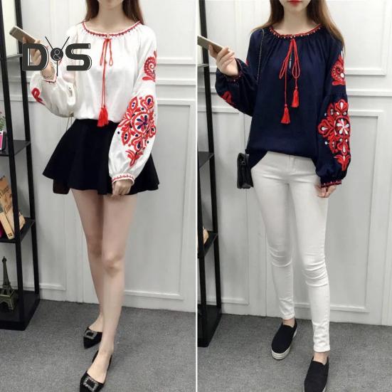 Летняя рубашка женская в этническом стиле с вышивкой, пуловер, топы с круглым вырезом, рукавом-фонариком, свободная блузка