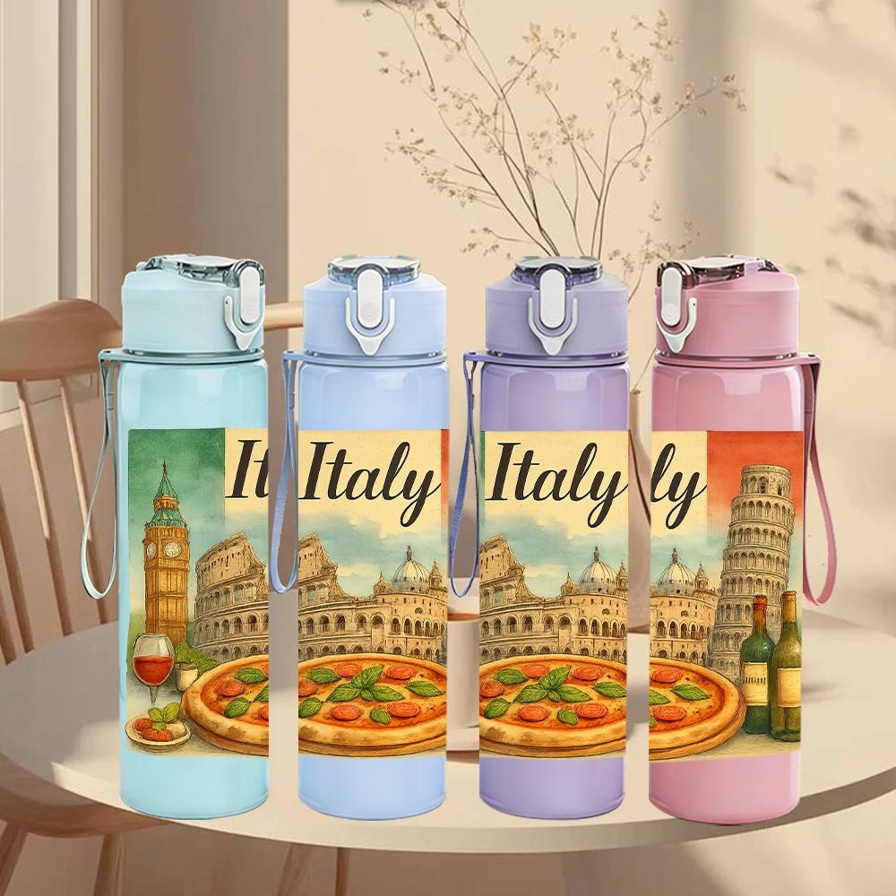 1PC Italy Pizza Tower Travel Poster 750ml Color Plastic Sports Water Bottle Leakproof Flip Straw Lid For Sports Office Home Use