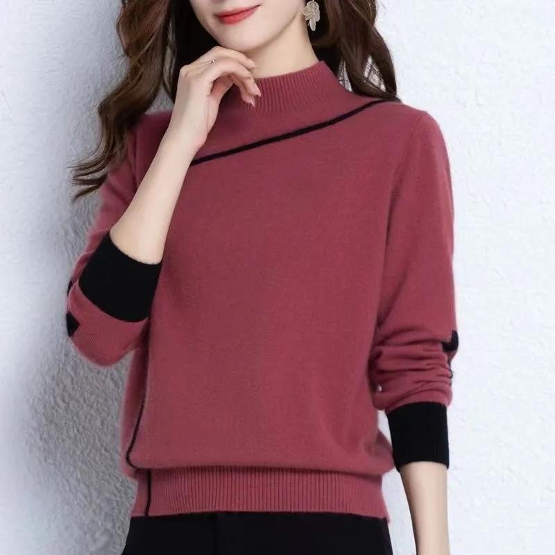 Spring Autumn Women Half High Neck Knitted Sweater Pullovers Loose Jumper Casual Long Sleeve Warm Top