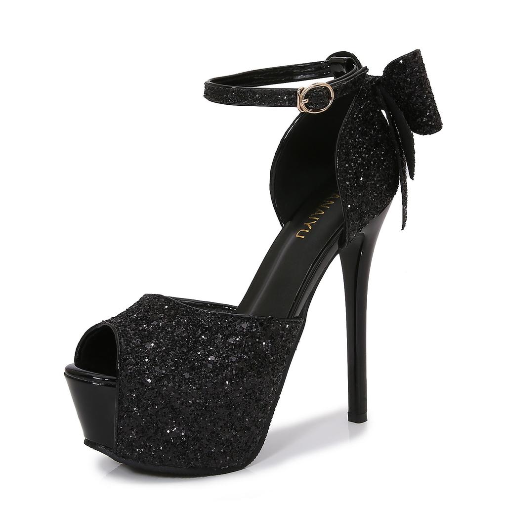 Fashion 14CM High Heel Pumps Women's Wedding Banquet Dress Shoes Ankle Straps Back Bowknot Platform Heels Elegant Tacones Mujer Size 34