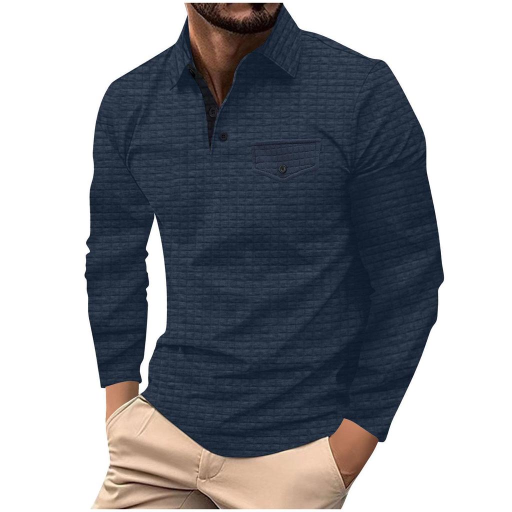 Men's Long-Sleeve Plaid Polo Shirt with Button Pocket