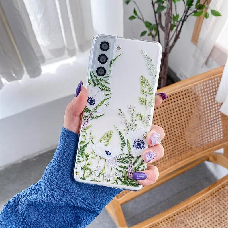 Милый Чехол для Телефона с Рисунком Цветов для Samsung S25 S24 S22 S21 FE Ультра Прозрачные Силиконовые Чехлы для Samsung Galaxy S23 Plus Ultra
