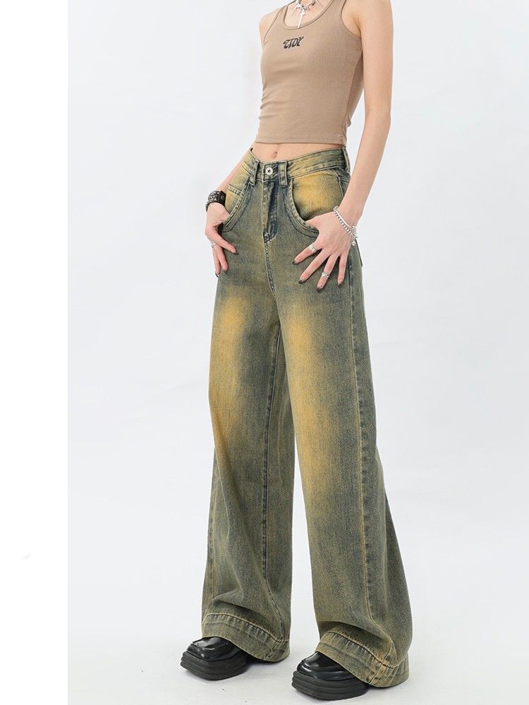 Американский ретро-градиентный дизайн, прямая трубка с высокой талией, свободные и узкие новые женские джинсы в стиле ретро.