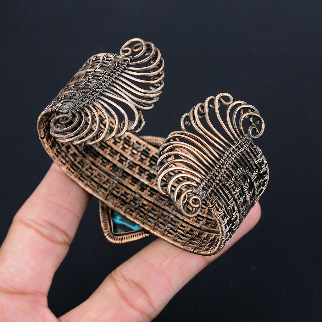 Синий бирюзовый драгоценный камень, чистая медная проволока, завернутая в манжеты/браслет ручной работы, регулируемые ювелирные изделия