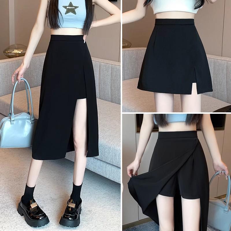 Женская черная юбка с неровным разрезом А-силуэта – средней длины, защищает от воздействия солнечных лучей, идеально подходит для весны и лета