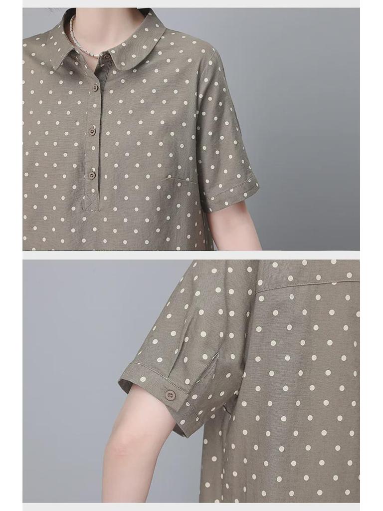 Летнее платье в горошек из хлопка и льна 2024 года — женское, французский стиль, размер плюс, длинная юбка