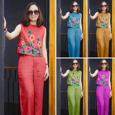 Женский топ и брюки из 2 шт./компл., комплект с цветочным принтом и эластичной резинкой на талии, повседневная свободная одежда без рукавов, повседневная одежда с круглым вырезом, большой размер, женский жилет