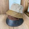 Hong Kong style retro PU leather splicing corduroy basin hat women's metal buckle decoration autumn and winter thin versatile fisherman hat