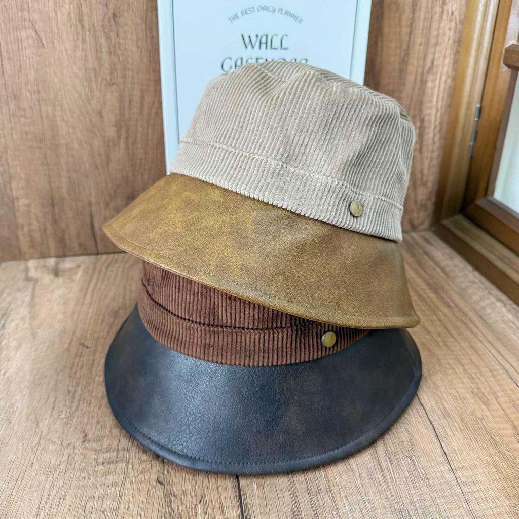 Hong Kong style retro PU leather splicing corduroy basin hat women's metal buckle decoration autumn and winter thin versatile fisherman hat