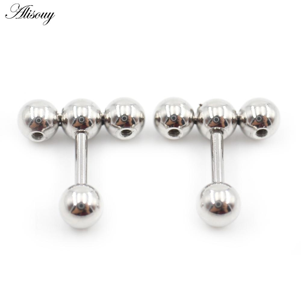 Alisouy 2PC нержавеющая сталь резьба три шарика фасоль женщины мужчины девушка серьги гвоздик хрящ винт серьги пирсинг ювелирные изделия