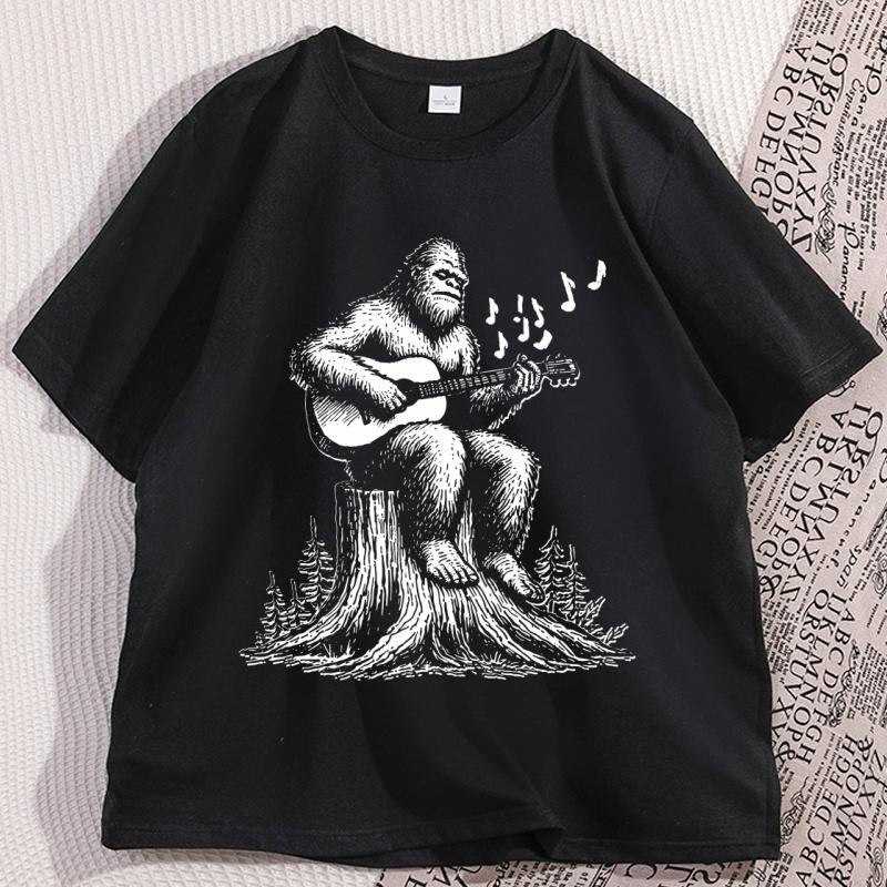 Retro Bigfoot Playing Guitar Funny 90s T Shirt Casual Cotton Short Sleeve Bigfoot Tshirt Loose Comfortable Graphic Tees
