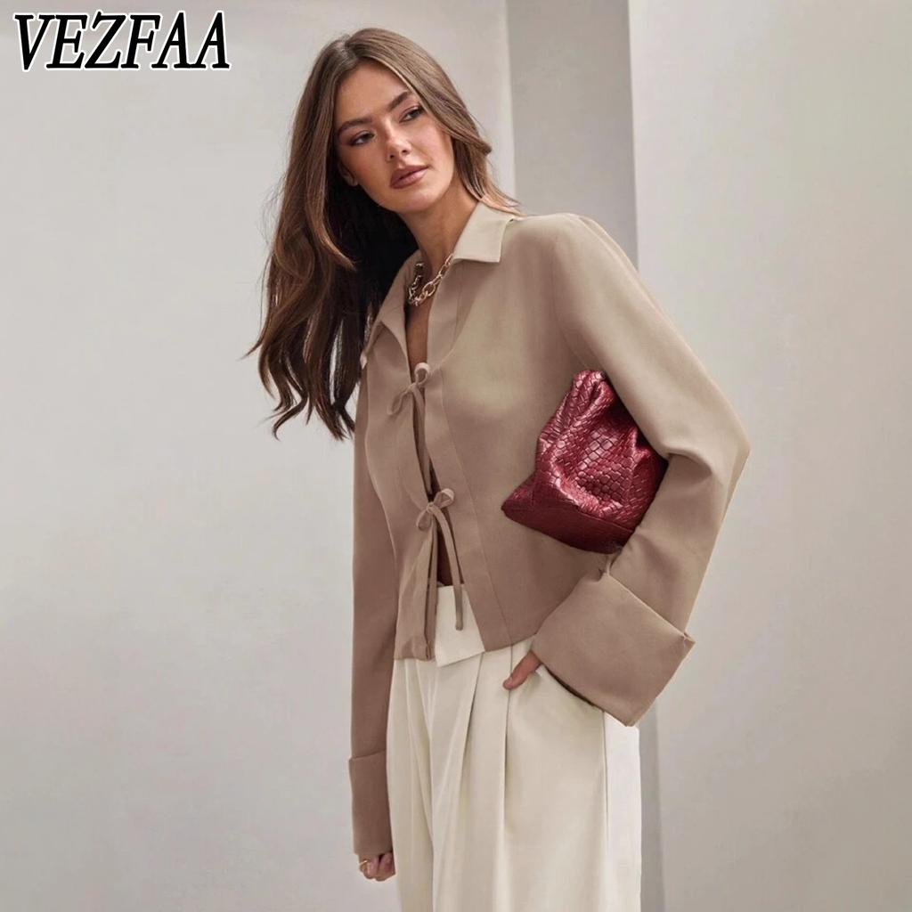 VEZFAA Женская мода, повседневные весенне-осенние однотонные рубашки-поло с длинным рукавом и принтом, блузки и рубашки