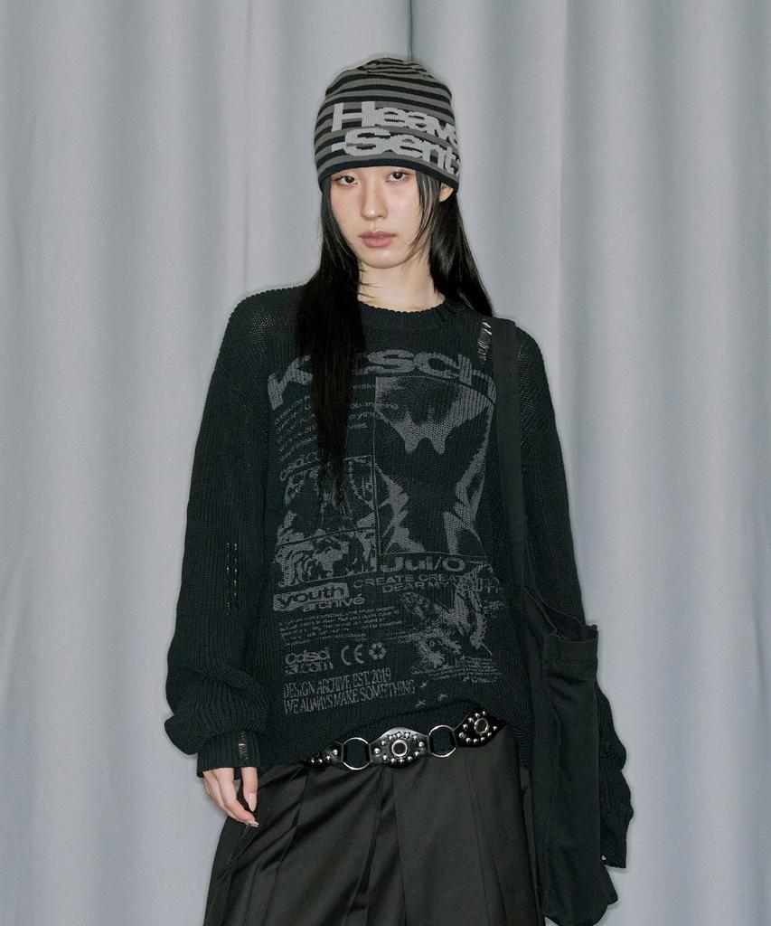 ODDSTUDIO Grunge Angel Graphic Damaged Knit - Black
