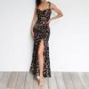 European & American Fashion Leopard Print Spaghetti Strap Bodycon Dress with Slit