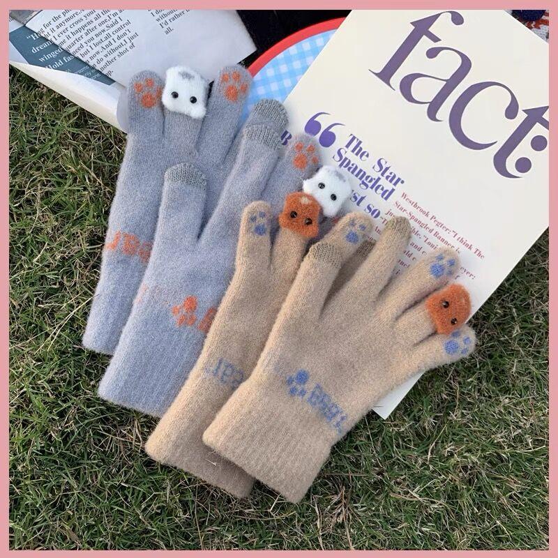 Милые перчатки с сенсорным экраном на пять пальцев для женщин на зиму Теплые и бархатные утолщенные Студенческие велосипедные Зимний новый стиль Холодо- и ветрозащитные