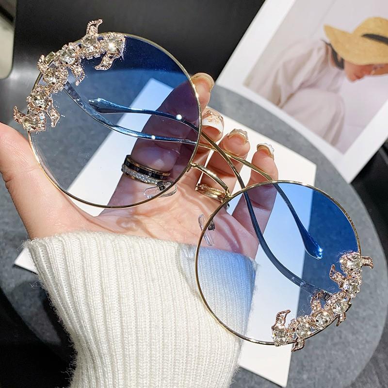 New Style Frameless Cut-edge Diamond Sunglasses With Wave Design Temple Glasses Fashionable Round Rhinestone Sunglasses