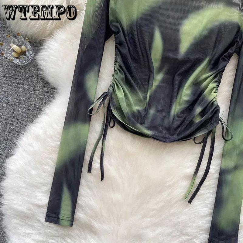 WTEMPO Шикарные сетчатые футболки с принтом Tie Dye, женские повязки на шнурке, винтажные облегающие топы Y2K, футболки с длинными рукавами, уличная одежда