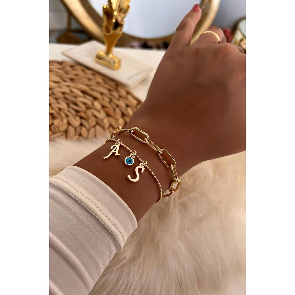 Комбинация браслета-цепочки с золотыми буквами на выбор, детальная цепочка от сглаза 38