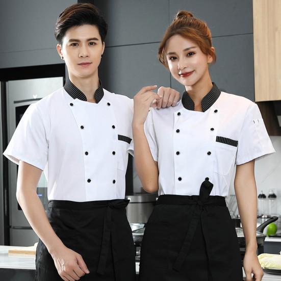 Stand Collar Short Sleeve Double Breasted Patch Pocket Splicing Color Chef Uniform Women Men Service Bakery Breathable Chef Shirt Work Clothing