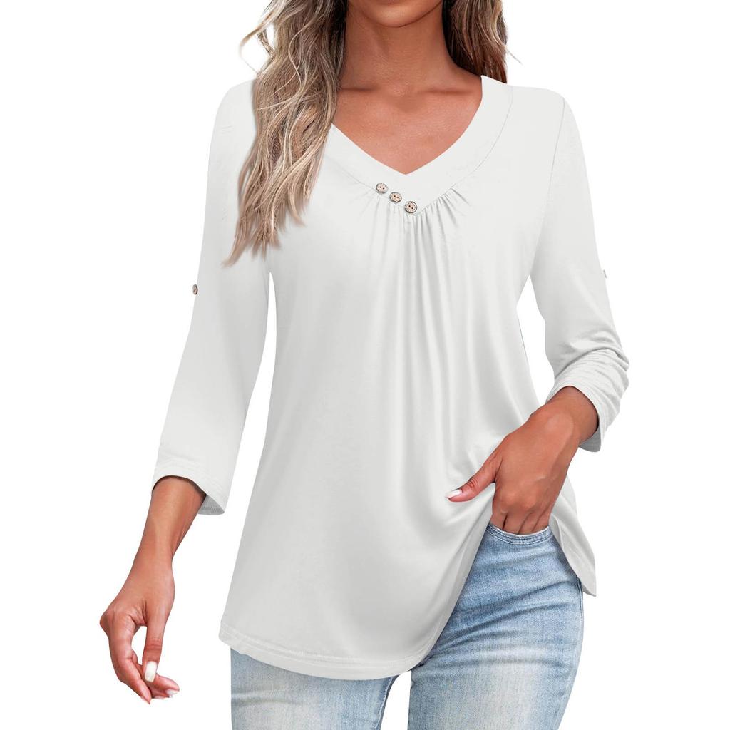 Shirts For Women Trendy V Neck Button T Shirts Casual Solid Color Summer Tees T Shirt Blouse Three Quarter Sleeve Tops For Women