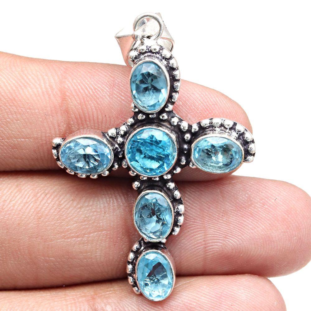 Pendant Swiss Blue Quartz Gemstone Gift For Her Silver Jewelry 2.25"