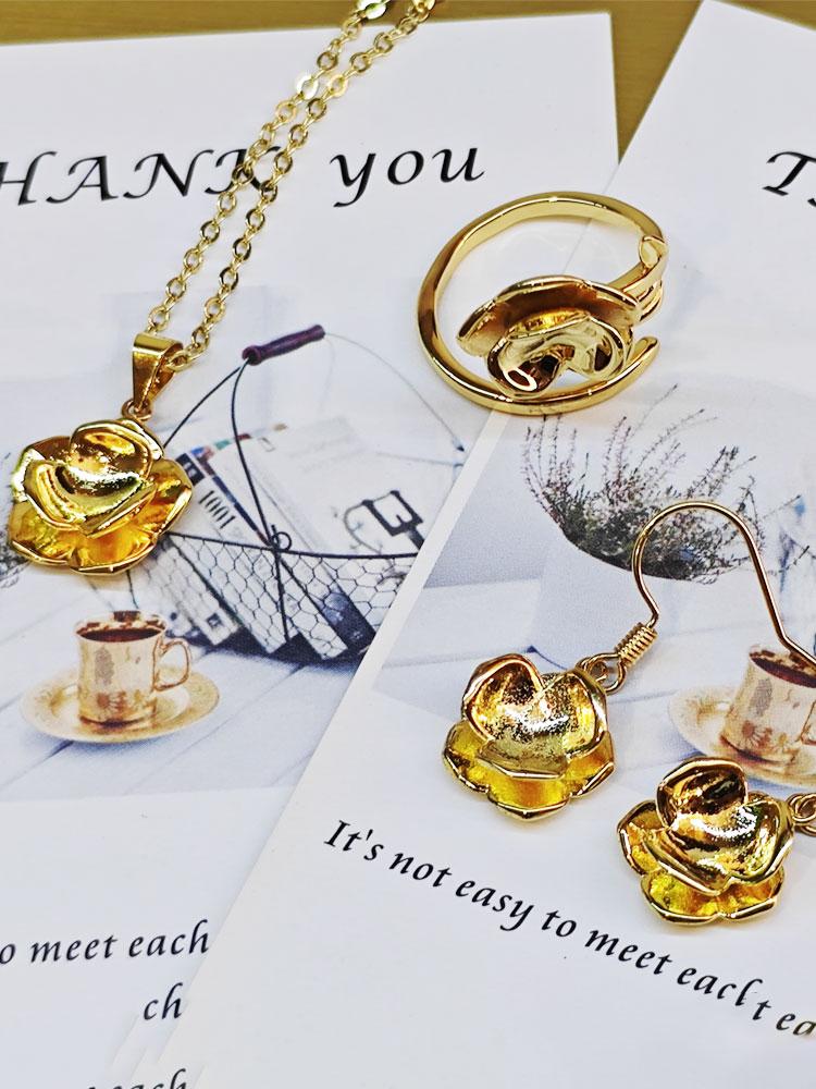 Изысканные цветочные наборы женские ювелирные изделия цвета шампанского золота серьги кольцо кулон цепочка комбинированный комплект