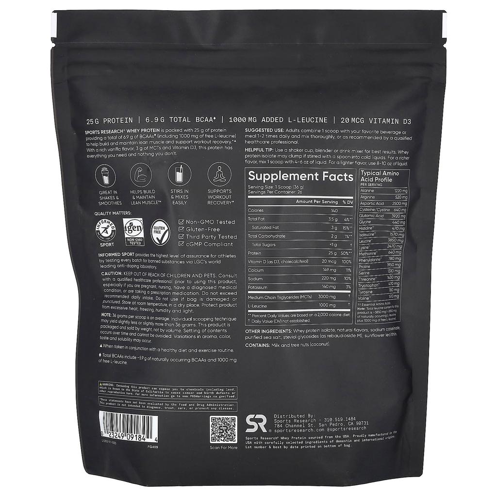 Sports Research Whey Protein, Creamy Vanilla, 2.06 Lb (0.94 Kg)