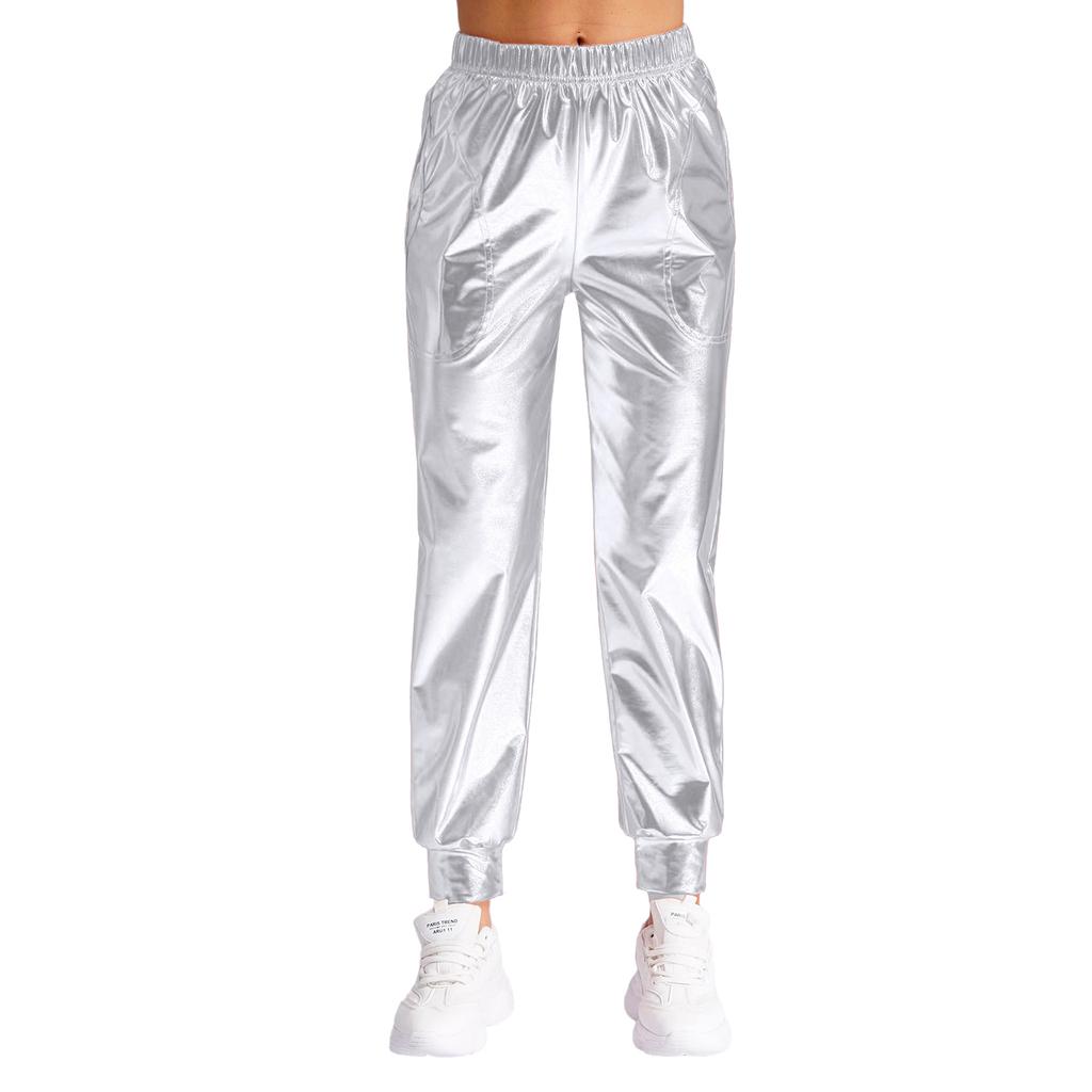 Женские металлизированные танцевальные брюки с высокой талией, эластичный пояс, свободный крой, спортивные брюки, блестящие, современные брюки