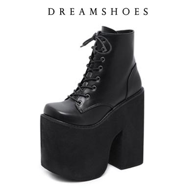 Мода 2025 Женские короткие ботинки в стиле Y2K, квадратный закрытый носок, шнуровка, ботинки на платформе, высокий массивный каблук, модная однотонная обувь
