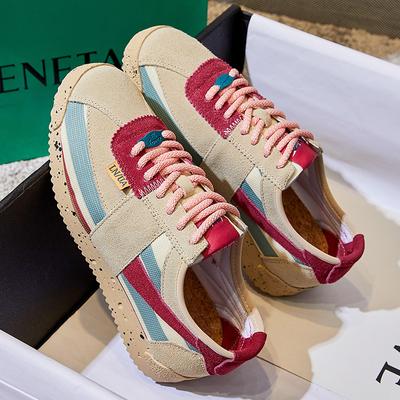 Кожаные вафельные туфли 2025 года, весна, новые женские туфли с плоской подошвой, контрастные туфли Forrest Gump, женская повседневная дышащая универсальная женская обувь, тренд