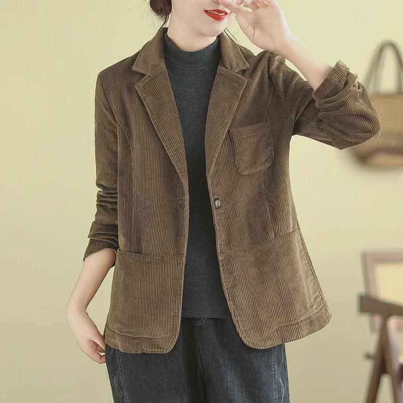2024 Spring Women's Plus Size Corduroy Cotton Slim Suit Jacket