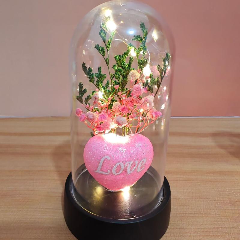 1 Piece Valentine's Day Gift Gypsophila Love Heart Flower Bouquet With Lamp Night Light Acrylic Cover Home Decoration Crafts
