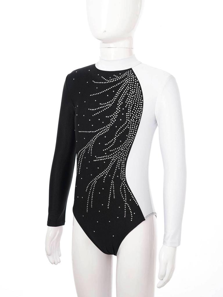 Girls Mock Neck Long Sleeve Ballet Leotard Shiny Faux Diamonds Adorned Keyhole Back Ice Skating Jumpsuit
