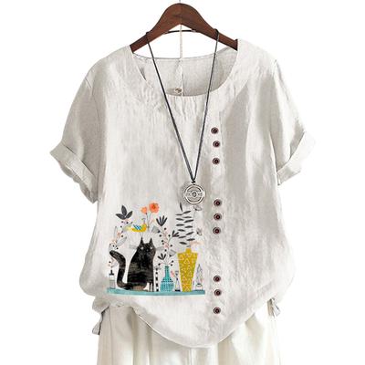 Универсальная женская хлопковая футболка с уникальным принтом и пуговицами